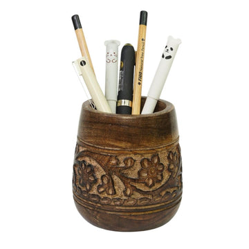 Hand-Carved Wood Pen Holder - Floral Desk Organizer