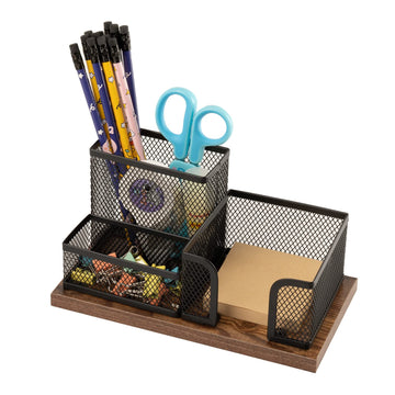 Antique Wood Desk Organizer - Mesh Pen Caddy with Sticky Notes Holder