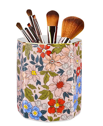 Floral Ceramic Pen Cup - Gold Accent Organizer