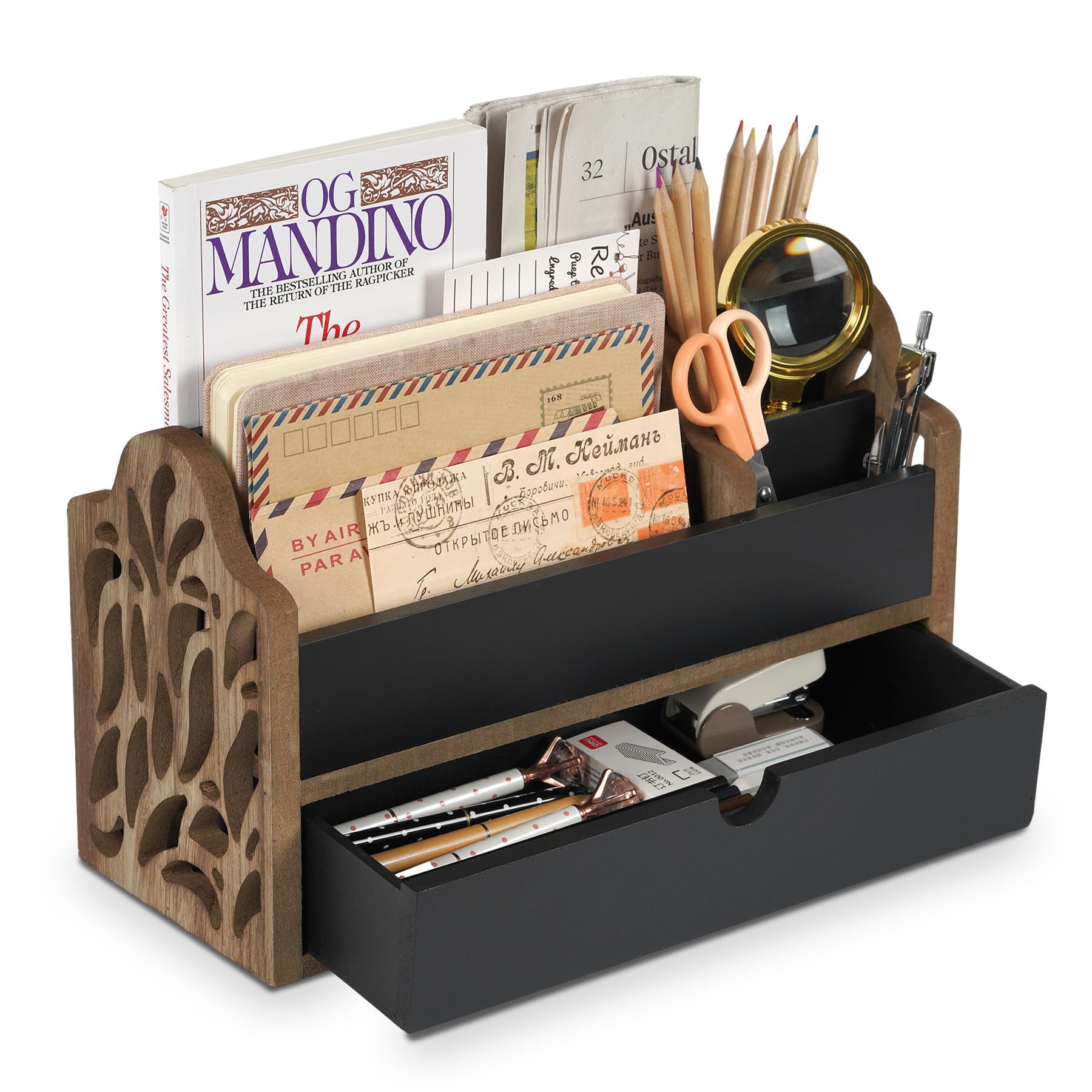 Wood Desktop File Organizer - 5-Slot with Drawer
