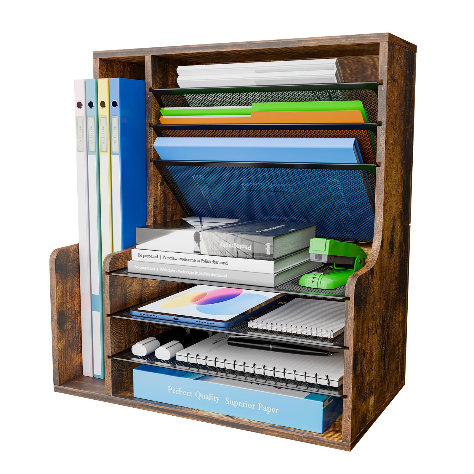 Adjustable 7-Tier Desk Organizer - Wood & Mesh File System