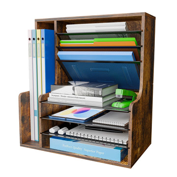 Adjustable 7-Tier Desk Organizer - Wood & Mesh File System