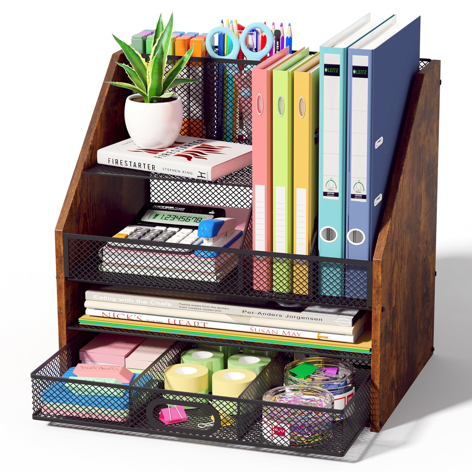 4-Tier Wood & Mesh Desk System - All-in-One Organizer