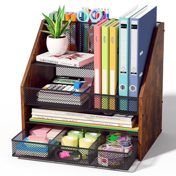 4-Tier Wood & Mesh Desk System - All-in-One Organizer